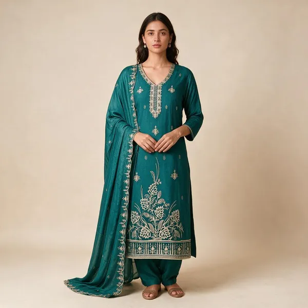 Teal_Star_Georgette_V-Neck_Embroidered_Ladies_Suit_For_Women