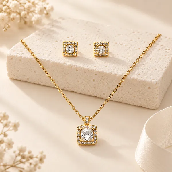Gold_Tone_Square_Necklace_And_Earrings_Set_For_Women