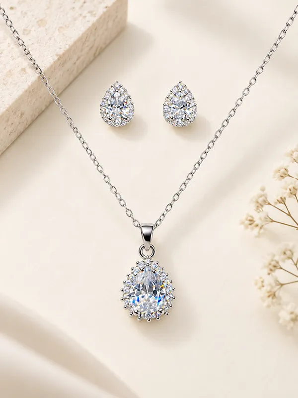 Silver-Tone_Teardrop_Pendant_Necklace_Set_For_Women