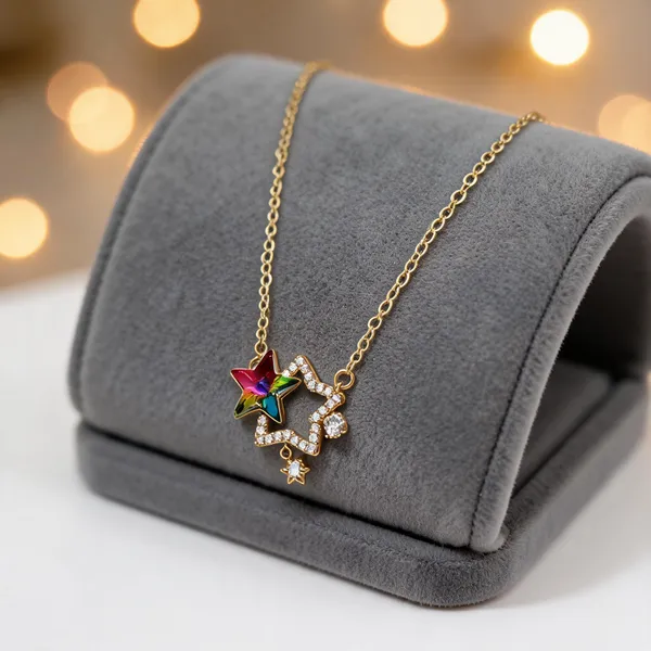 Gold_And_Multicolor_Copper_Alloy_Star_Pendant_Necklace_For_Women