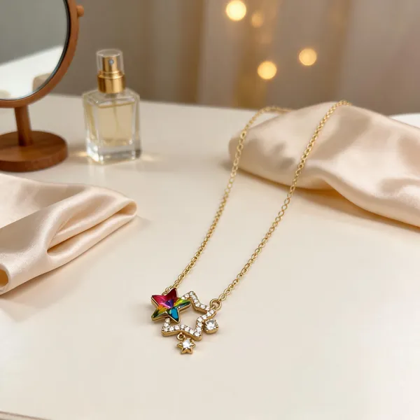 Gold_And_Multicolor_Copper_Alloy_Star_Pendant_Necklace_For_Women