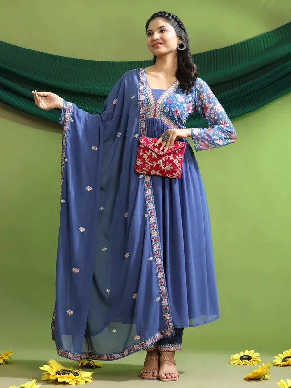 Georgette_Embroidery_With_Sequence_A_Line_Kurta_Set_Blue
