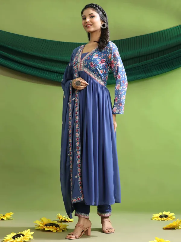 Georgette_Embroidery_With_Sequence_A_Line_Kurta_Set_Blue
