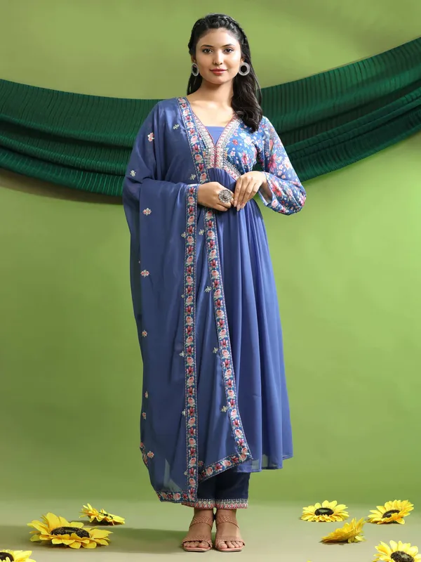Georgette_Embroidery_With_Sequence_A_Line_Kurta_Set_Blue