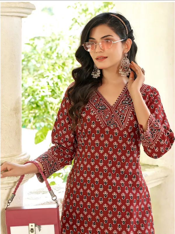 Pure_Cotton_Printed_With_Hand_Work_Straight_Kurta_Pant_Maroon