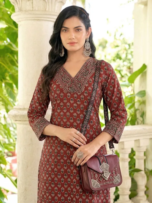 Pure_Cotton_Printed_With_Hand_Work_Straight_Kurta_Pant_Maroon