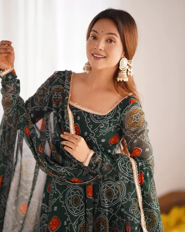 Bandhej_Chiffon_Anarkali_Set_With_Dupatta_Pant_Green