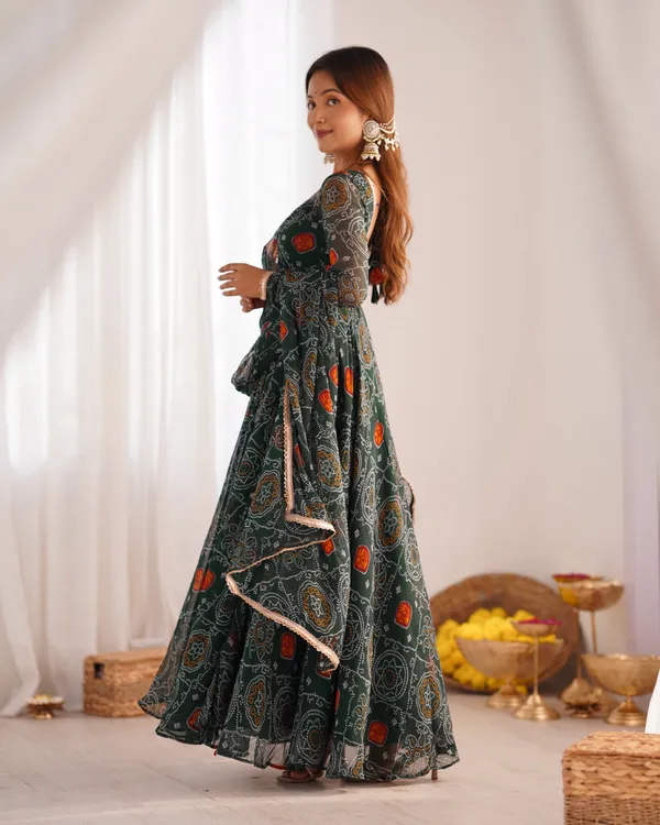 Bandhej_Chiffon_Anarkali_Set_With_Dupatta_Pant_Green