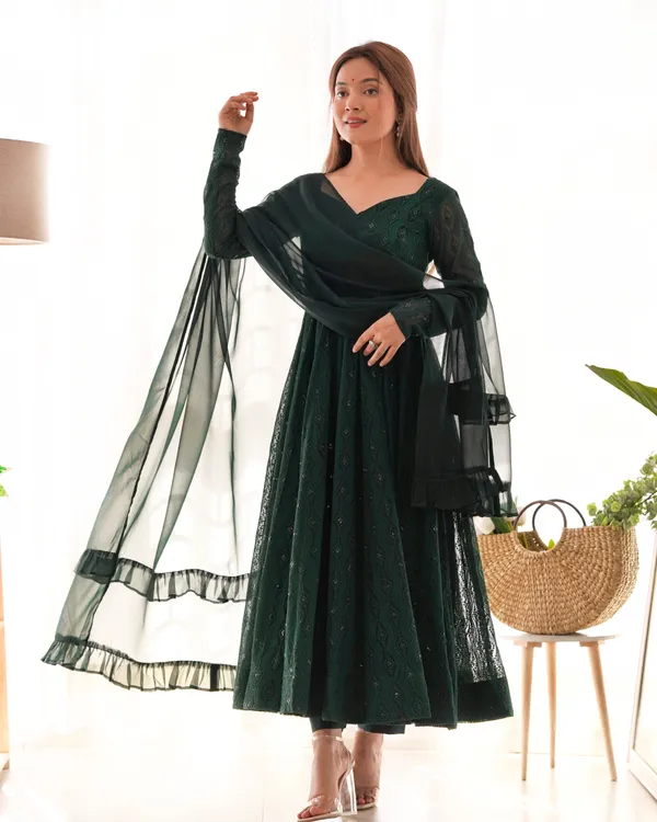 Lucknowi_Georgette_Dark_Green_Anarkali_Set