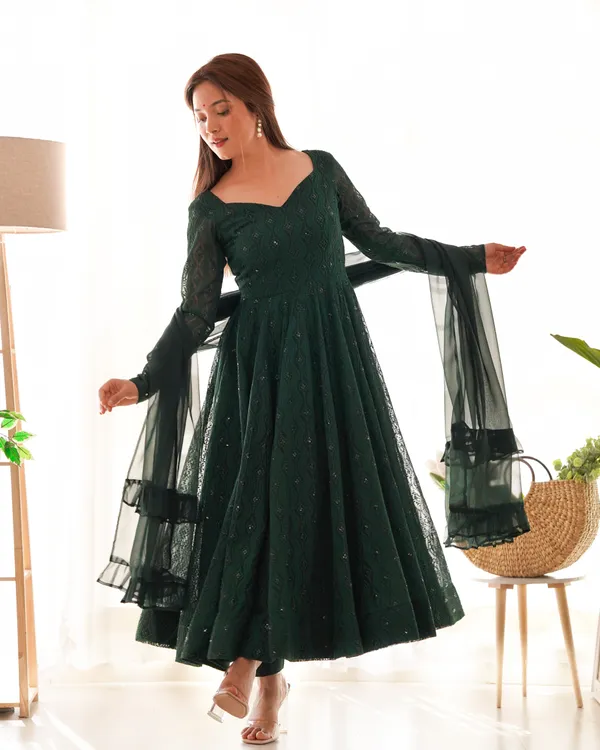 Lucknowi_Georgette_Dark_Green_Anarkali_Set