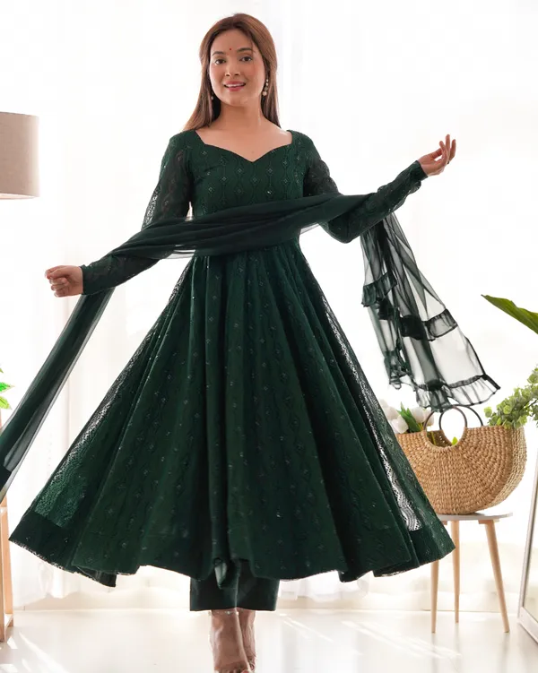 Lucknowi_Georgette_Dark_Green_Anarkali_Set