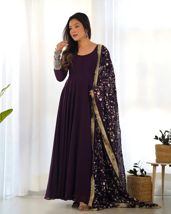 Designer_Fox_Georgette_Flared_Gown_With_Sequins_Dupatta_Pant_Wine