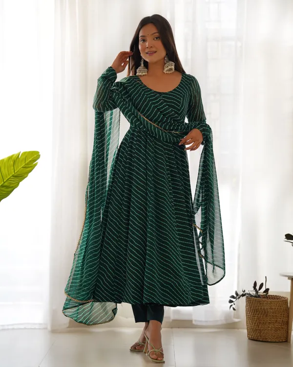 Georgette_Festive_Wear_Leheriya_Print_Anarkali_Suit_Green