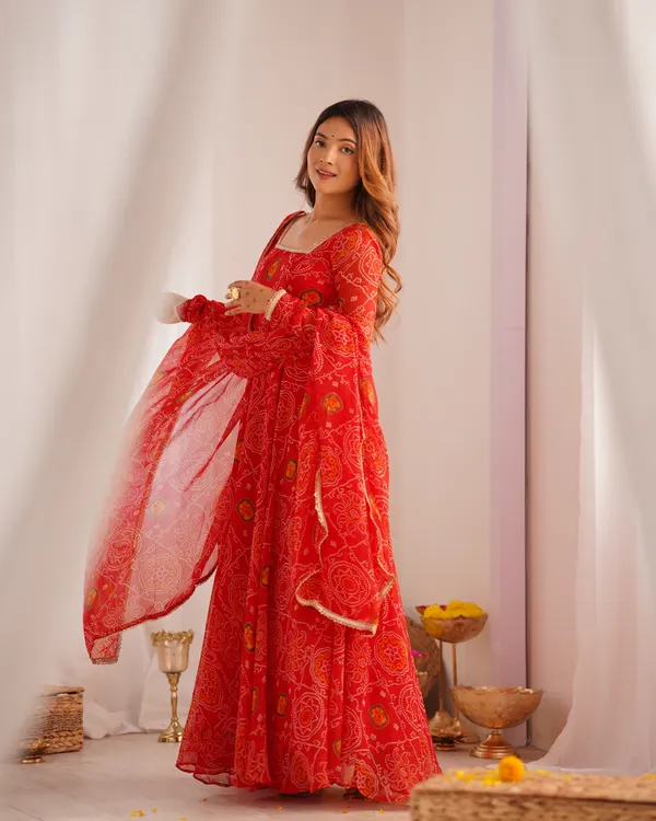Women_Bandhej_Printed_Chiffon_Anarkali_Kurta_With_Dupatta_Set_Orange