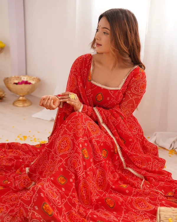 Women_Bandhej_Printed_Chiffon_Anarkali_Kurta_With_Dupatta_Set_Orange