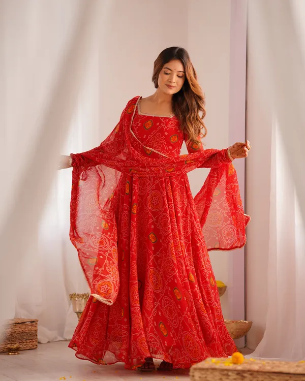Women_Bandhej_Printed_Chiffon_Anarkali_Kurta_With_Dupatta_Set_Orange