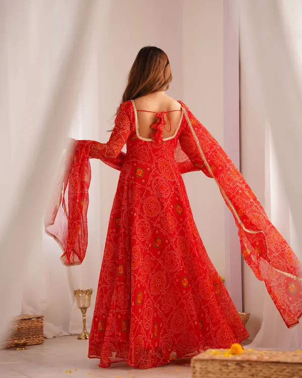 Women_Bandhej_Printed_Chiffon_Anarkali_Kurta_With_Dupatta_Set_Orange
