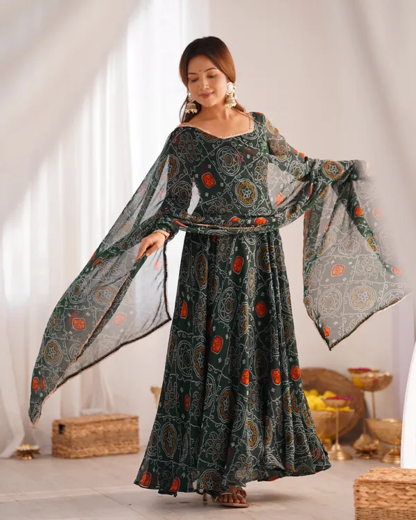 Women_Bandhej_Printed_Chiffon_Anarkali_Kurta_With_Dupatta_Set_Green