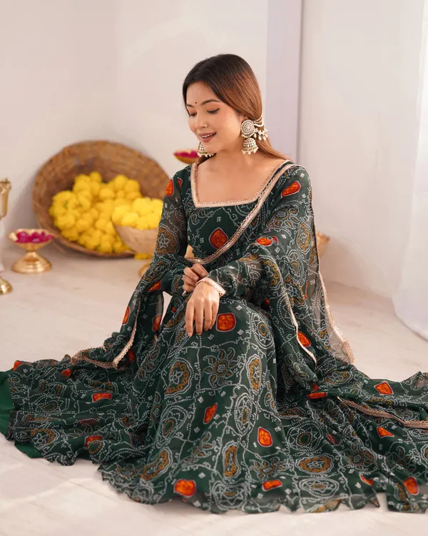Women_Bandhej_Printed_Chiffon_Anarkali_Kurta_With_Dupatta_Set_Green
