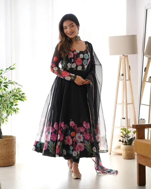 Women_Floral_Printed_Organza_Silk_Flared_Anarkali_Kurta_Set_Black