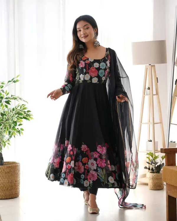 Women_Floral_Printed_Organza_Silk_Flared_Anarkali_Kurta_Set_Black