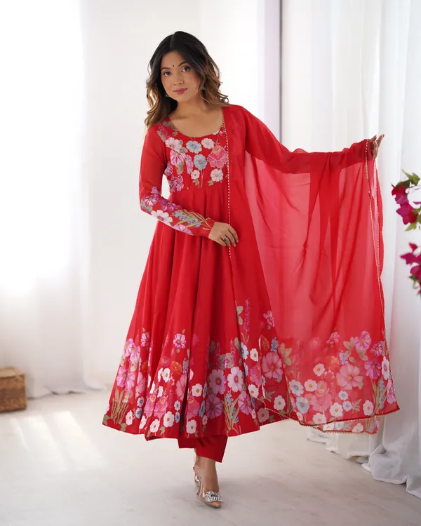 Women_Floral_Printed_Organza_Silk_Flared_Anarkali_Kurta_Set_Red