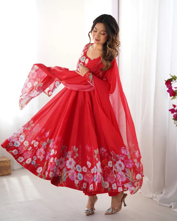 Women_Floral_Printed_Organza_Silk_Flared_Anarkali_Kurta_Set_Red