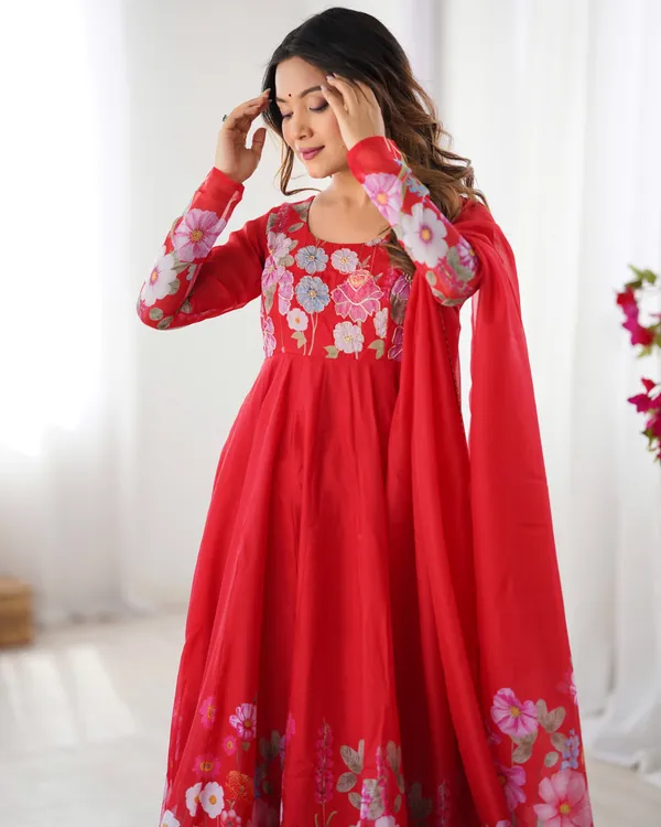 Women_Floral_Printed_Organza_Silk_Flared_Anarkali_Kurta_Set_Red
