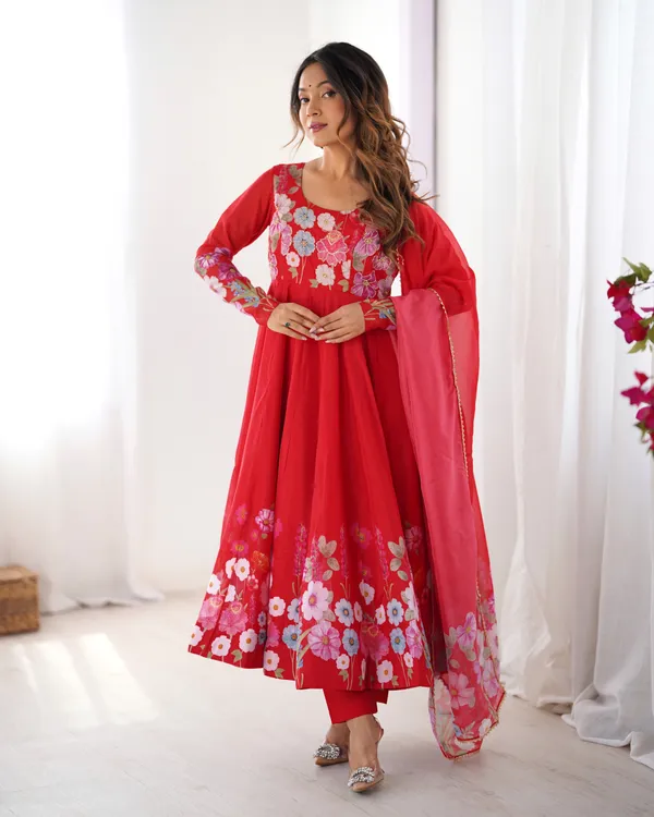 Women_Floral_Printed_Organza_Silk_Flared_Anarkali_Kurta_Set_Red