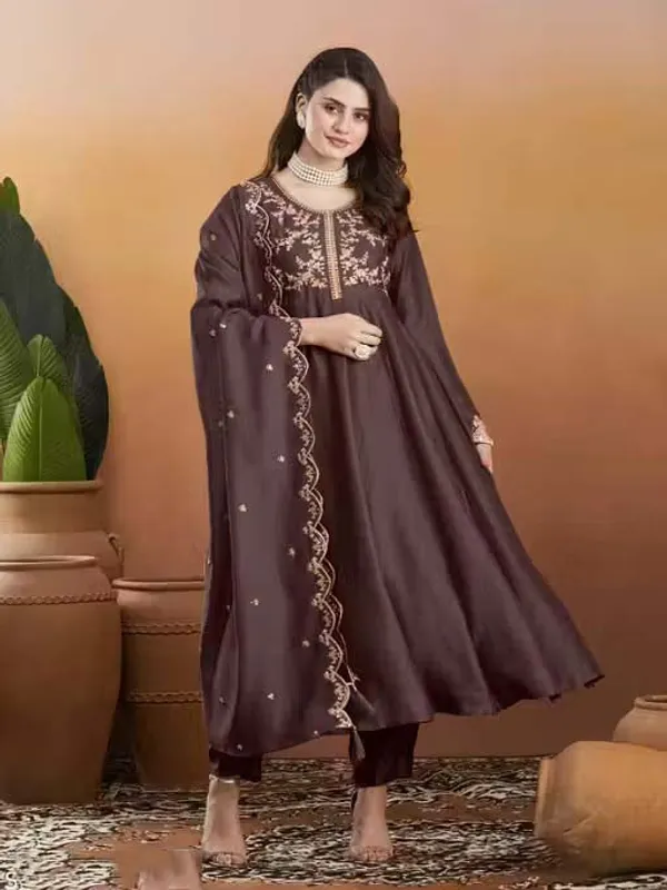 Silk_Embroidered_Anarkali_Kurta_Pant_Dupatta_Set_Brown