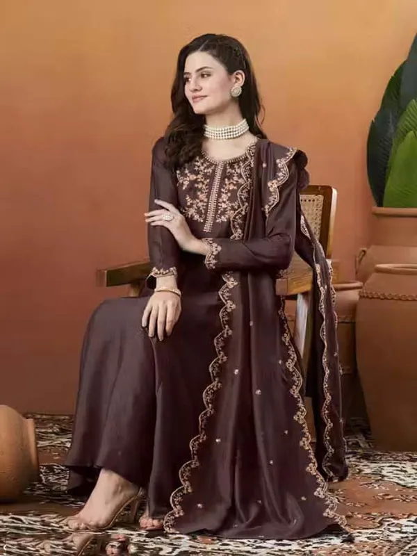 Silk_Embroidered_Anarkali_Kurta_Pant_Dupatta_Set_Brown