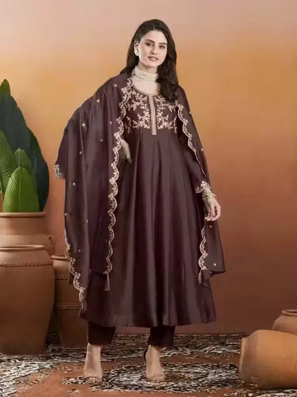 Silk_Embroidered_Anarkali_Kurta_Pant_Dupatta_Set_Brown