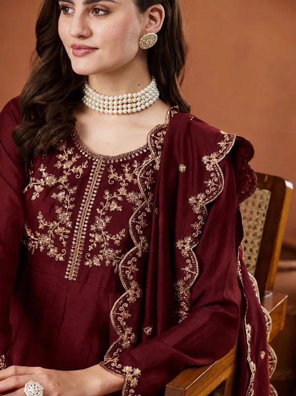 Silk_Embroidered_Anarkali_Kurta_Pant_Dupatta_Set_Maroon