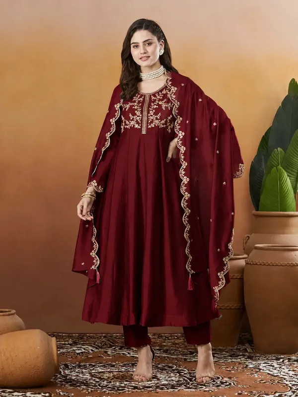 Silk_Embroidered_Anarkali_Kurta_Pant_Dupatta_Set_Maroon