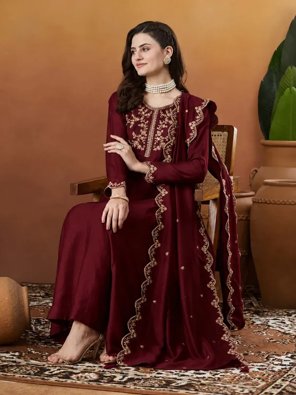 Silk_Embroidered_Anarkali_Kurta_Pant_Dupatta_Set_Maroon