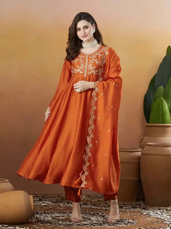 Silk_Embroidered_Anarkali_Kurta_Pant_Dupatta_Set_Orange