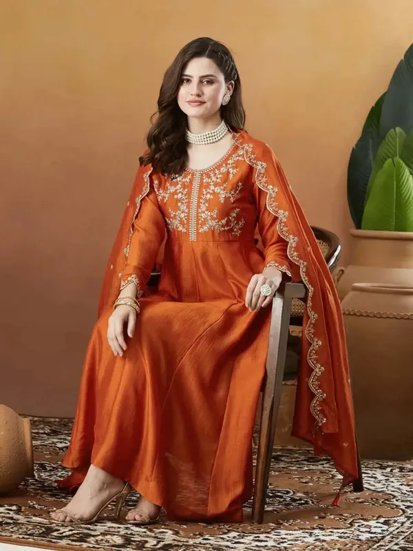 Silk_Embroidered_Anarkali_Kurta_Pant_Dupatta_Set_Orange