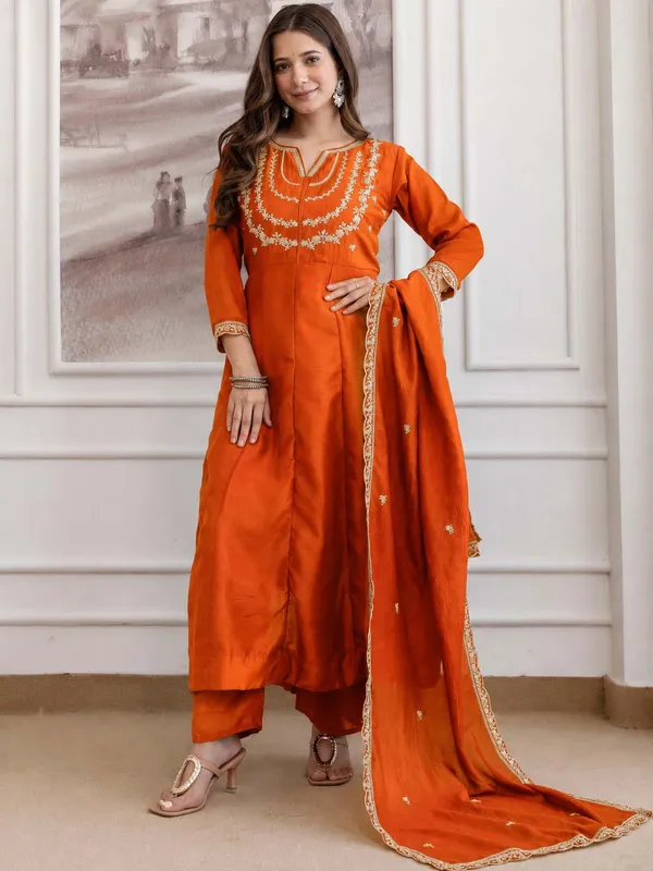 Embroidery_Vichitra_Silk_Anarkali_Kurta_Pant_Set_With_Dupatta_Orange
