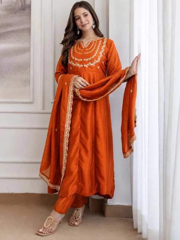 Embroidery_Vichitra_Silk_Anarkali_Kurta_Pant_Set_With_Dupatta_Orange