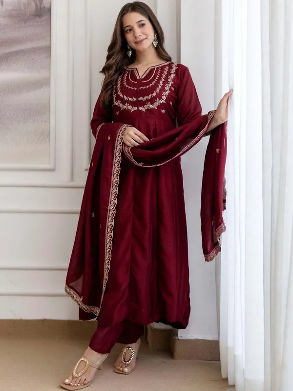 Embroidery_Vichitra_Silk_Anarkali_Kurta_Pant_Set_With_Dupatta_Maroon