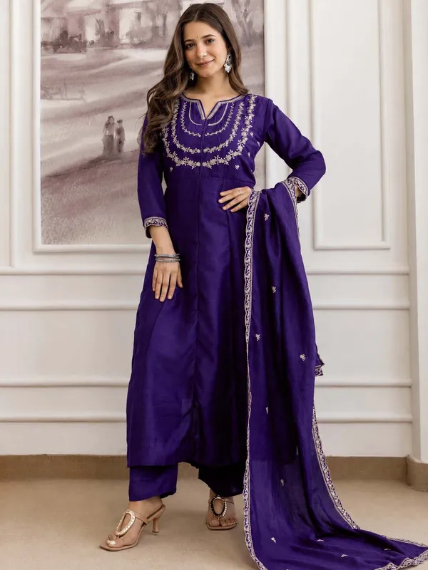 Embroidery_Vichitra_Silk_Anarkali_Kurta_Pant_Set_With_Dupatta_Violet