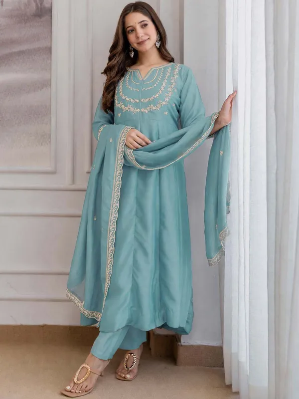 Embroidery_Vichitra_Silk_Anarkali_Kurta_Pant_Set_With_Dupatta_Sky_Blue