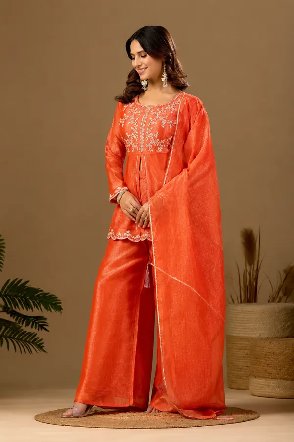Women_S_Satin_Kurta_Set_With_Elegant_Embroidered_Design_Orange