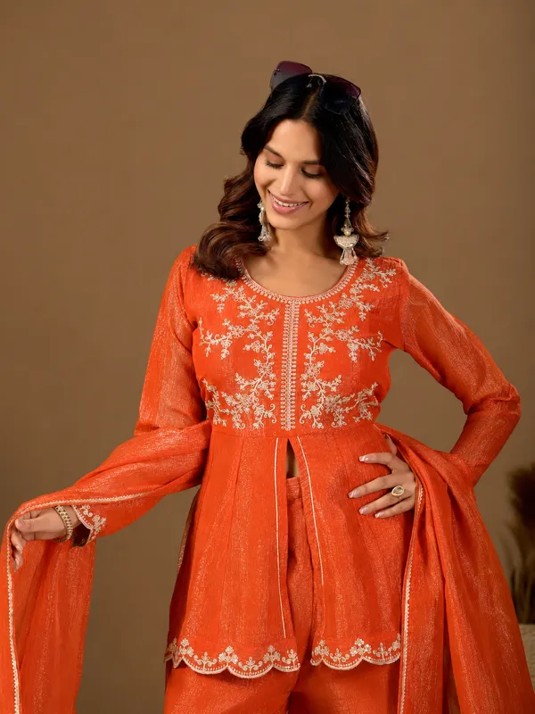 Women_S_Satin_Kurta_Set_With_Elegant_Embroidered_Design_Orange