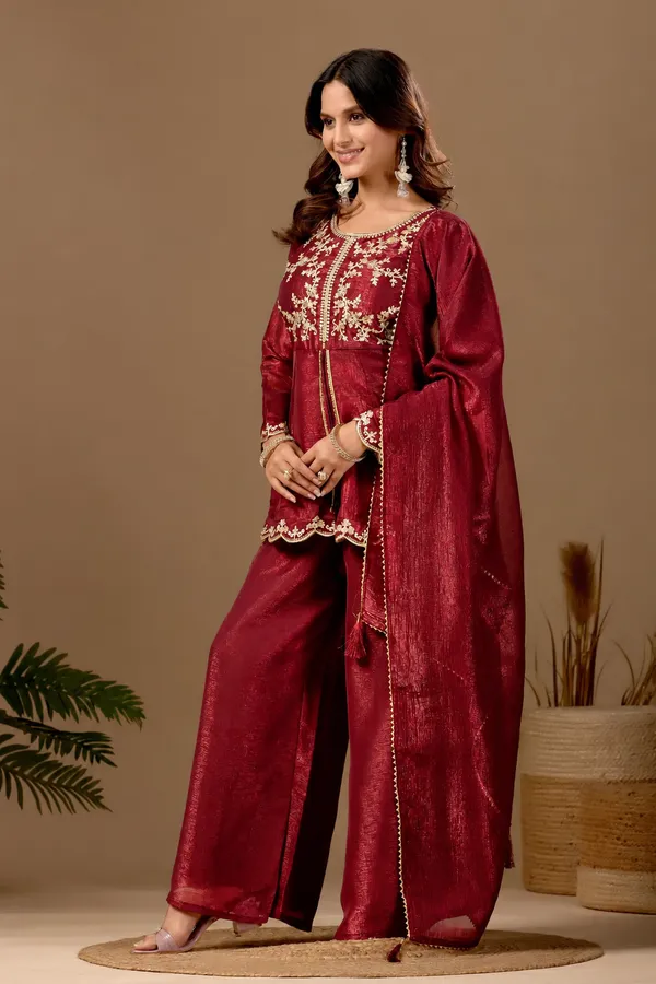 Women_S_Satin_Kurta_Set_With_Elegant_Embroidered_Design_Maroon