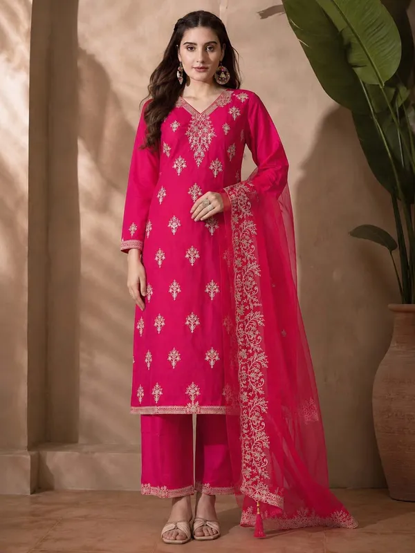 Roman_Silk_Embroidered_Kurta_Set_With_Organza_Dupatta_Straight_Pants_Rani