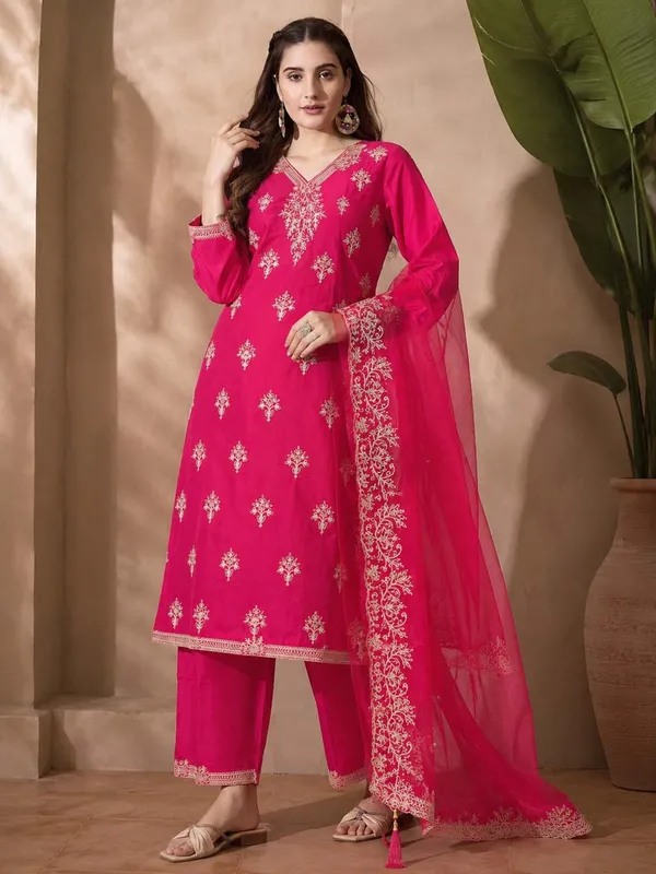 Roman_Silk_Embroidered_Kurta_Set_With_Organza_Dupatta_Straight_Pants_Rani