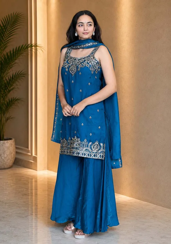 Stylish_Satin_Short_Kurta_Flared_Palazzo_Set_Royalblue
