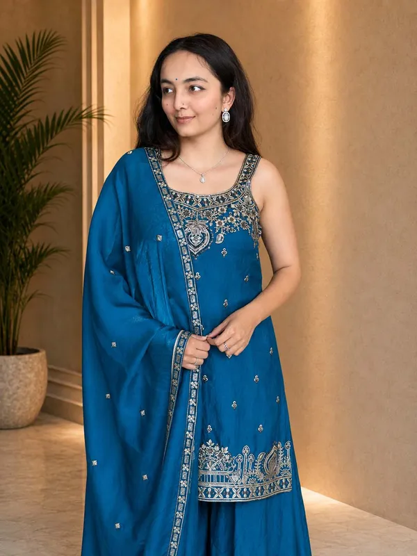 Stylish_Satin_Short_Kurta_Flared_Palazzo_Set_Royalblue