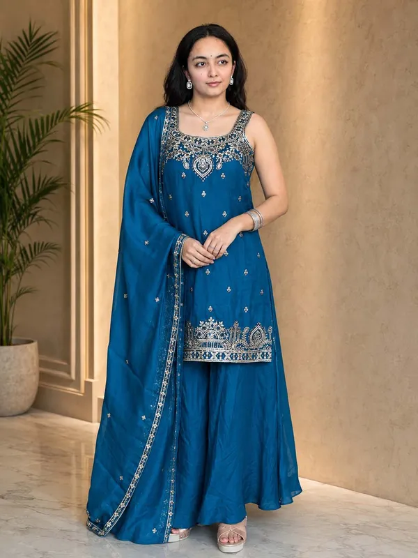 Stylish_Satin_Short_Kurta_Flared_Palazzo_Set_Royalblue